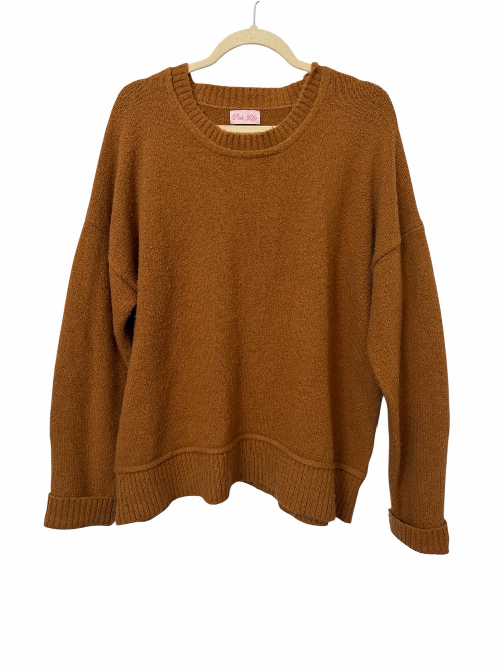Pink Lily Sweater Womens XL Brown Solid Crew Neck Relaxed Knit Cozy Pullover